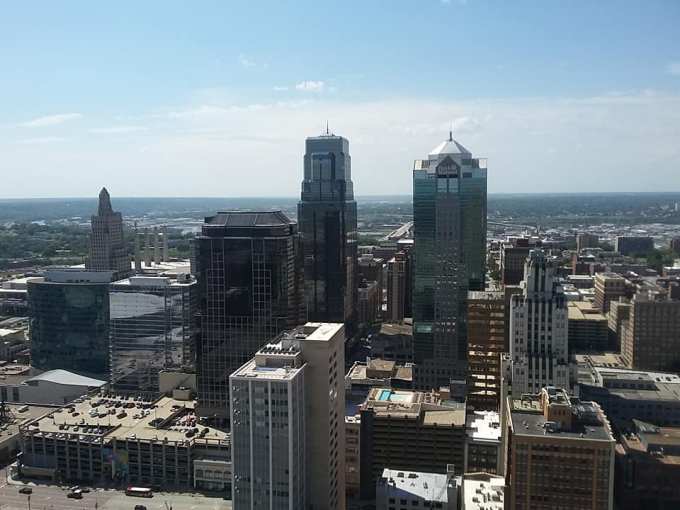 The pointy building on the left is the KC Power and light building which was built in the 1930s and was the city's tallest building for almost 50 years