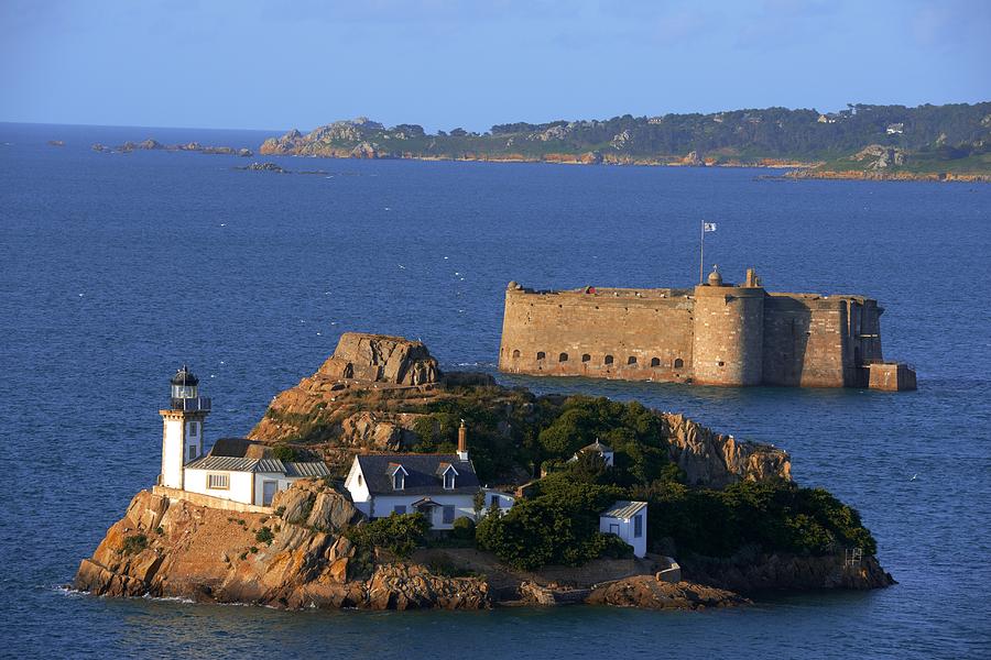 France, Brittany, Bretagne, Ile Louet, Louet Island, Carantec, Morlaix Bay, Pointe De Pen Al Lann, Lighthouse And Taureau Castle Chateau Du Taureau