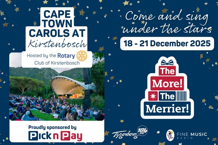 Poster for Cape Town Carols at Kirstenbosch featuring event details including dates, hosts, and sponsors, with an image of an audience gathered under the stars.