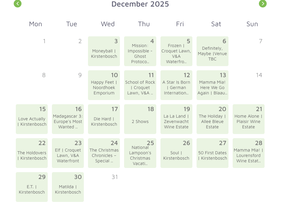 A calendar for December 2025 showing various movie events scheduled at different venues throughout the month.